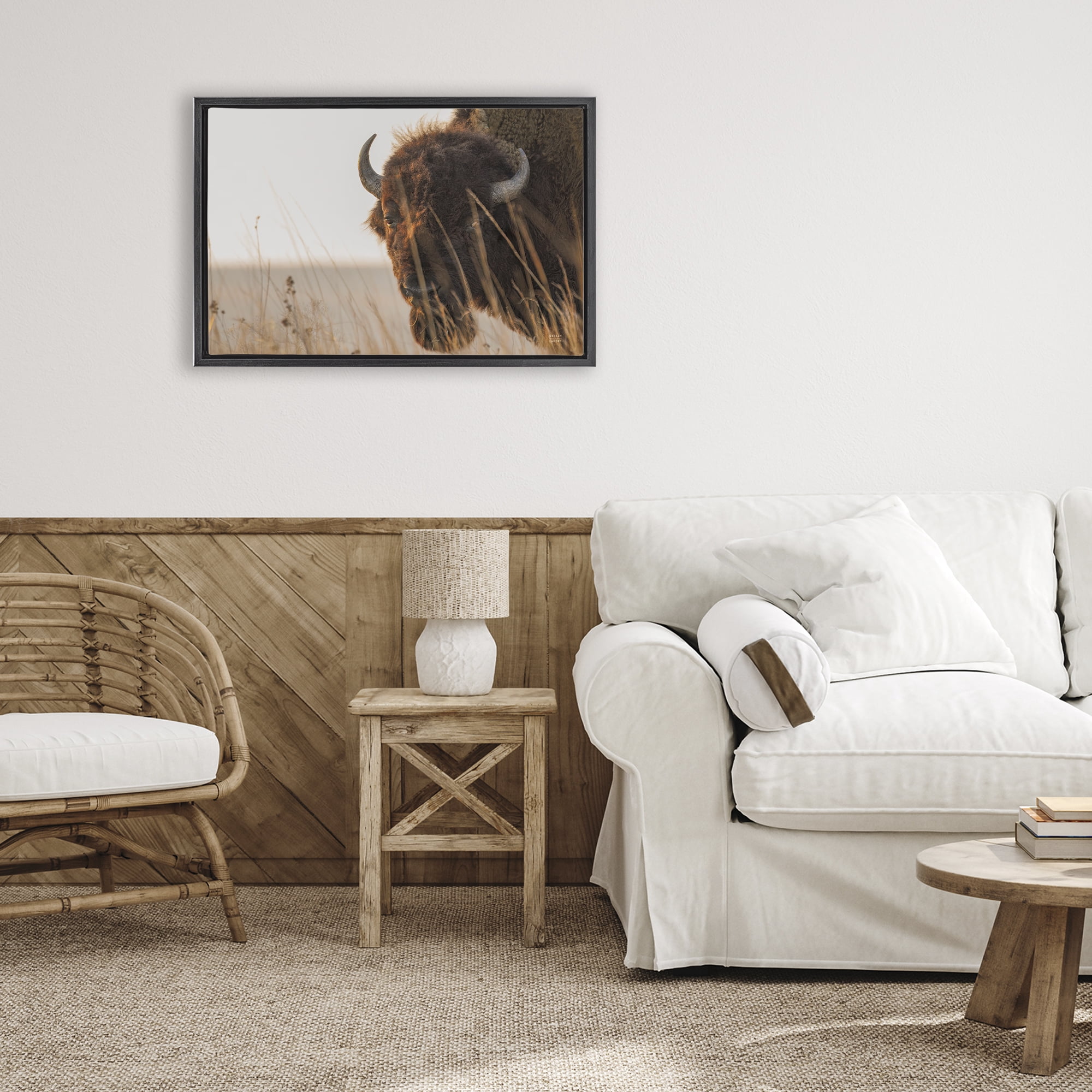 Stupell Industries Bison Sunset on Golden Prairie Black Framed Floater Canvas Wall Art, design by Nathan Larson