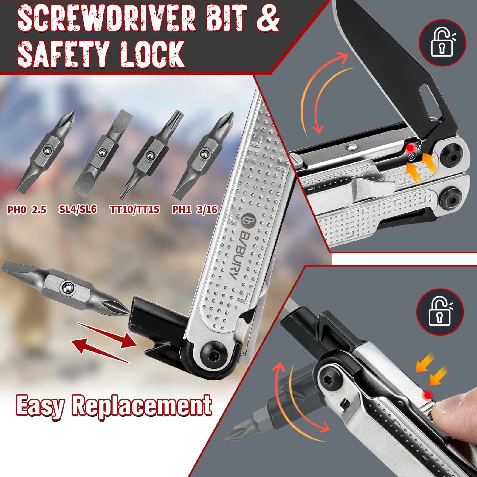 BIBURY Multitool Pliers, Stainless Steel Multi Tool with Upgraded Rope Cutter and Screwdrive, Foldable Self-locking Multitools with Nylon Pouch, Ideal for Camping, Hiking, Survival, Repair