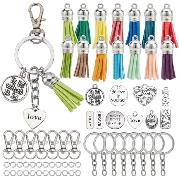 180 piezas DIY 20 juegos de borlas para llaveros a granel, dijes inspiradores, kit para hacer llaveros, borlas de gamuza, dijes inspiradores