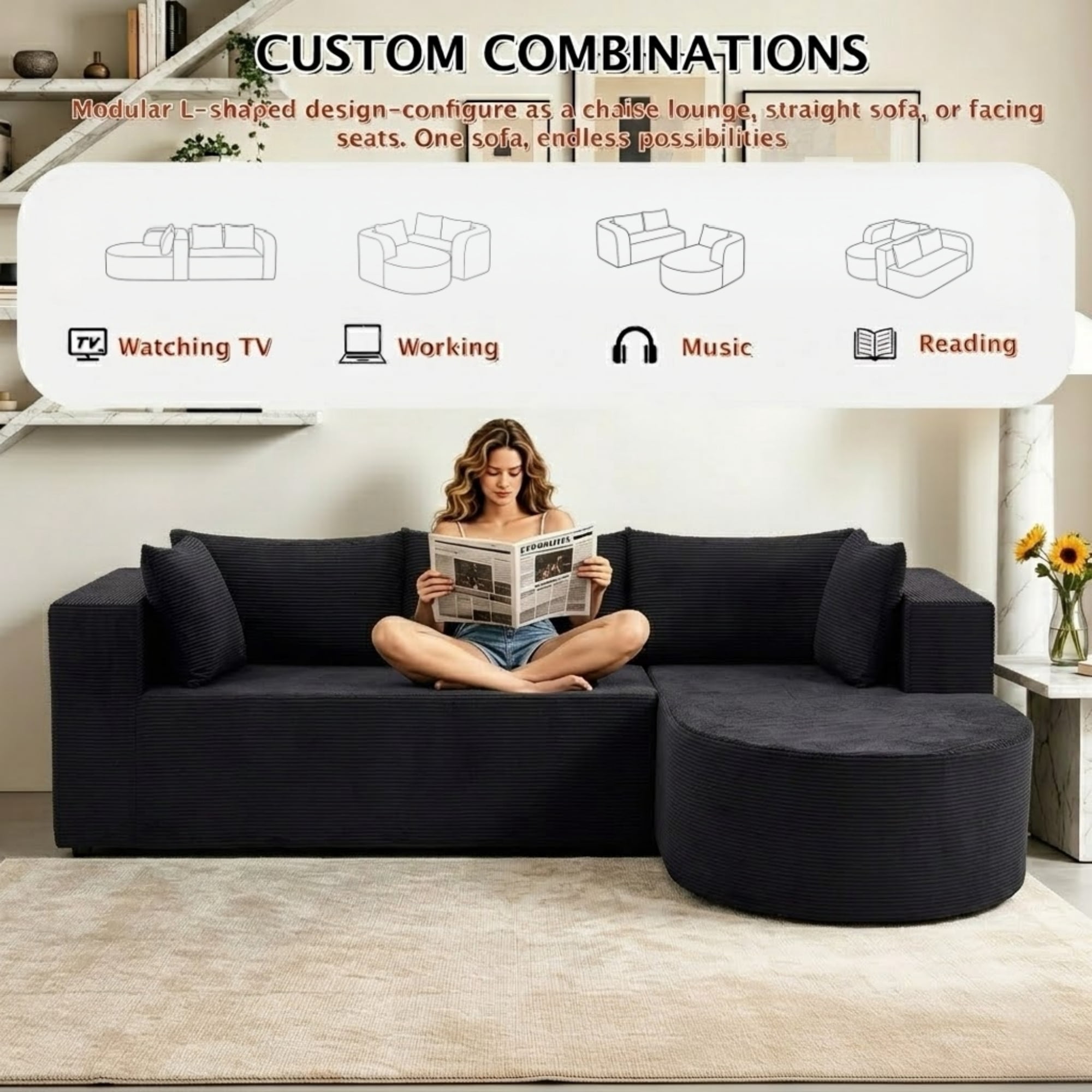 ShiKeyi 105" Modular L-Shaped Cloud Sofa, 3-Seater Corduroy Sectional Couch with Deep Seats Chaise, Soft Boneless Design for Living Room, Black (Left)