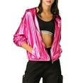 thumbnail image 5 of MODA NOVA Juniors Halloween Costume Shiny Long Sleeve Zipper Hooded Metallic Jacket Hot Pink S, 5 of 7