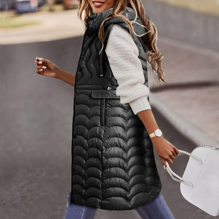 kpoplk Long Puffer Vest Women Hooded Maxi Length Sleeveless Puffer Vest Padded Coat Winter Outerwear Black XL