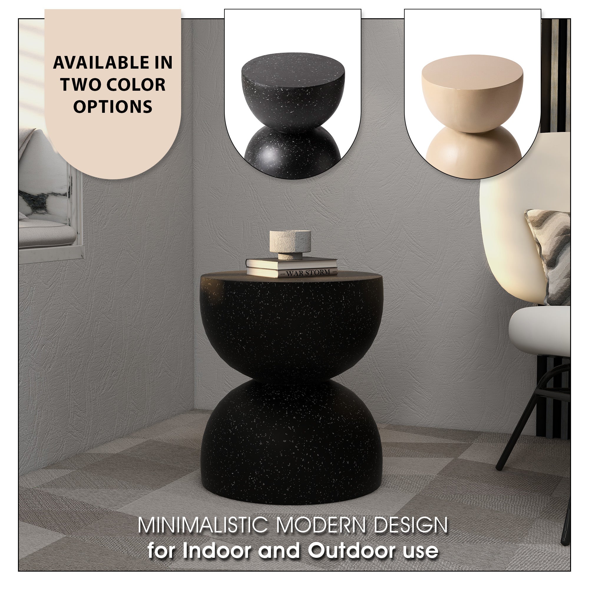 LeisureMod Minimalist Side Table Fiberstone Round Hourglass Accent End Table Stool, Patio Indoor Home Living Room, Weather-Resistant, Sage in Black