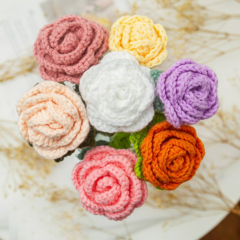 Okwish Flower Branch Decoration Dried Flowers Rose Bouquet Fake Plants  Crocheted By Hand Wool Mother'S Day Valentine'S Day Gift 1Pcs 