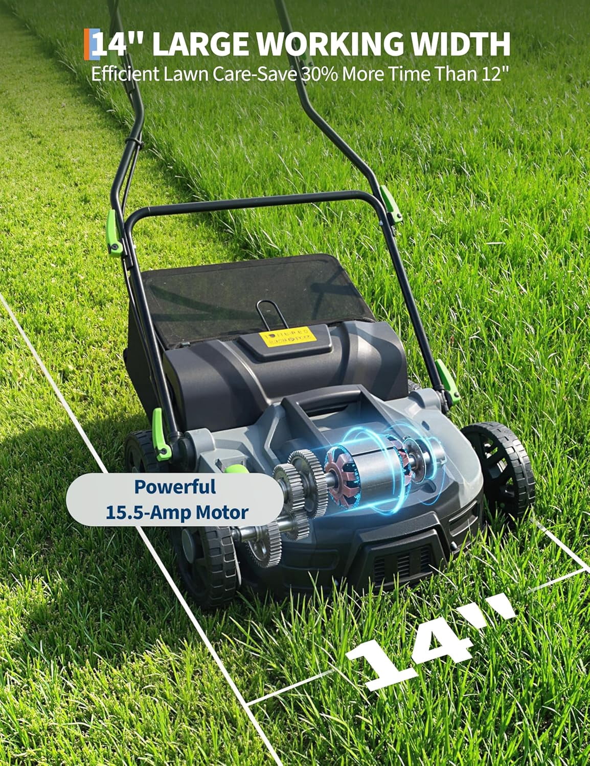 M optimized 15.5A Electric Lawn Dethatcher Scarifier, 14" Corded Dethatcher with 14.5 gal Collection Bag, 5-Position Depth Adjustment & 3-Height Adjustable Handle for Yard Care and Lawn Aeration