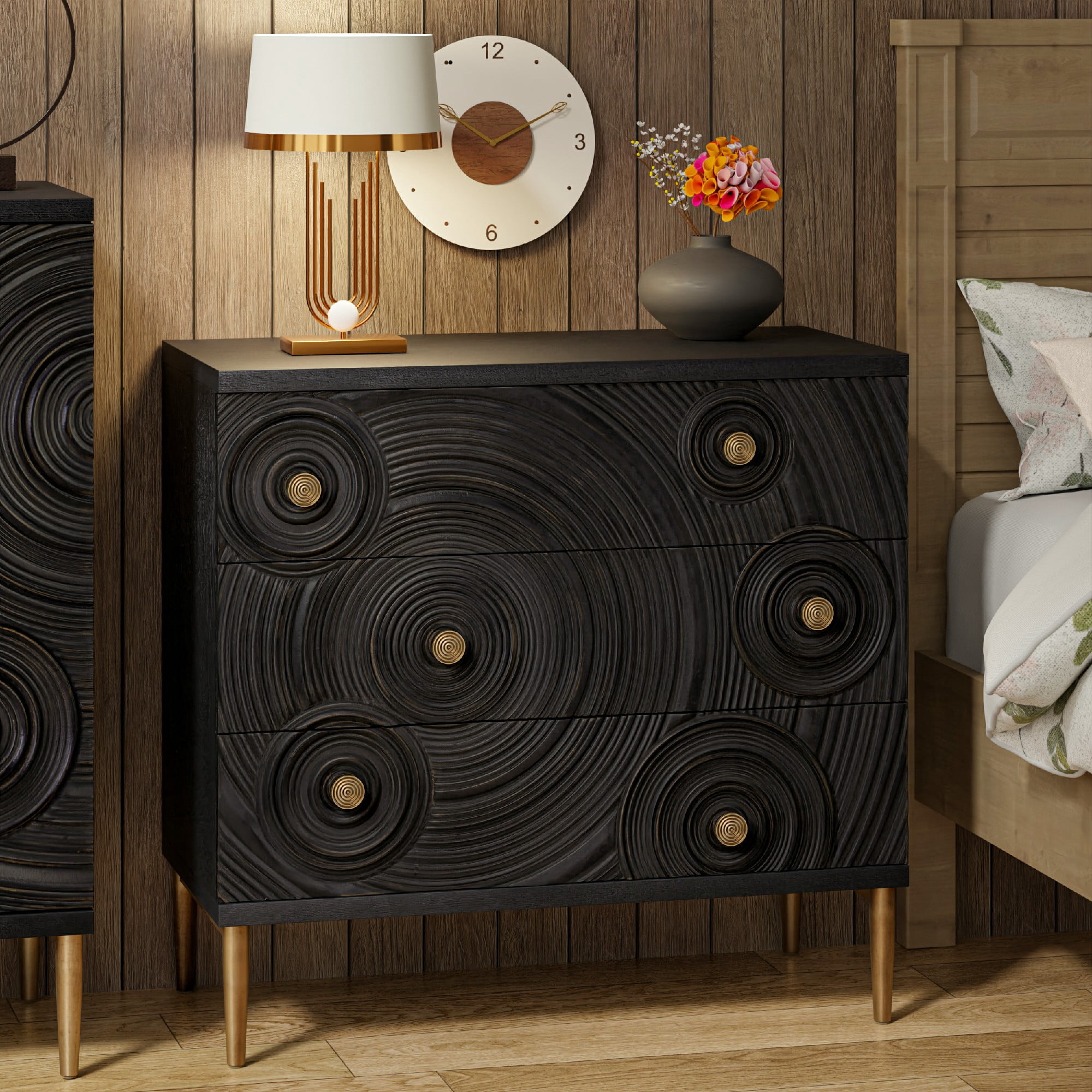 COZAYH Embossed 3 Drawer Farmhouse Dresser with Ring Motif, Distressed Boho Nightstand for Bedroom, Entryway, French Country, Black & Gold