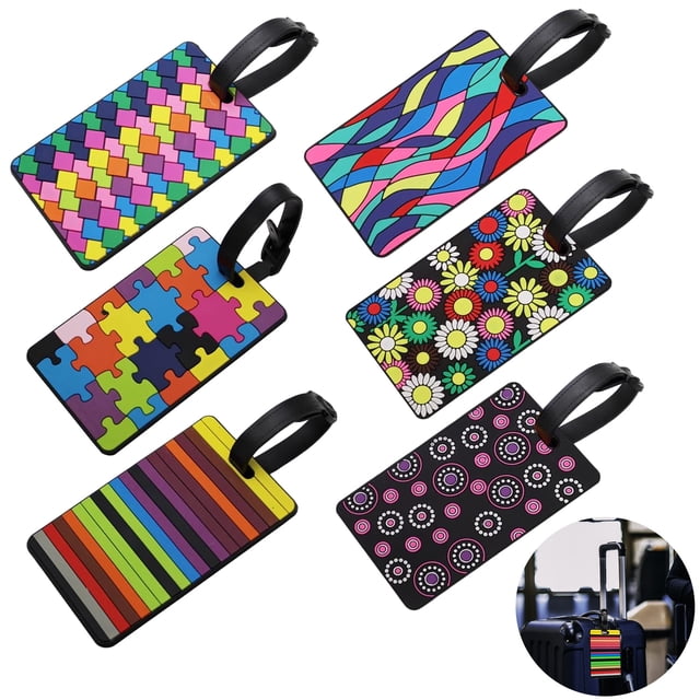 Mochilas de viaje seguras de material PVC ligero y duradero con tarjetero para tarjetas de identificación y presentación, elegantes etiquetas para equipaje con patrón geométrico llamativo (6 piezas)