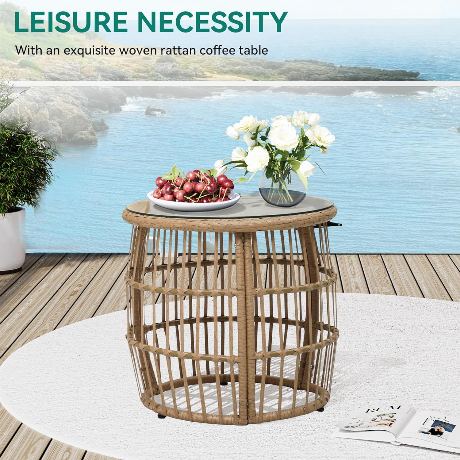 Dextrus Double Egg Chair with Cushions & Handwoven Rattan, Beige (Set of 2)
