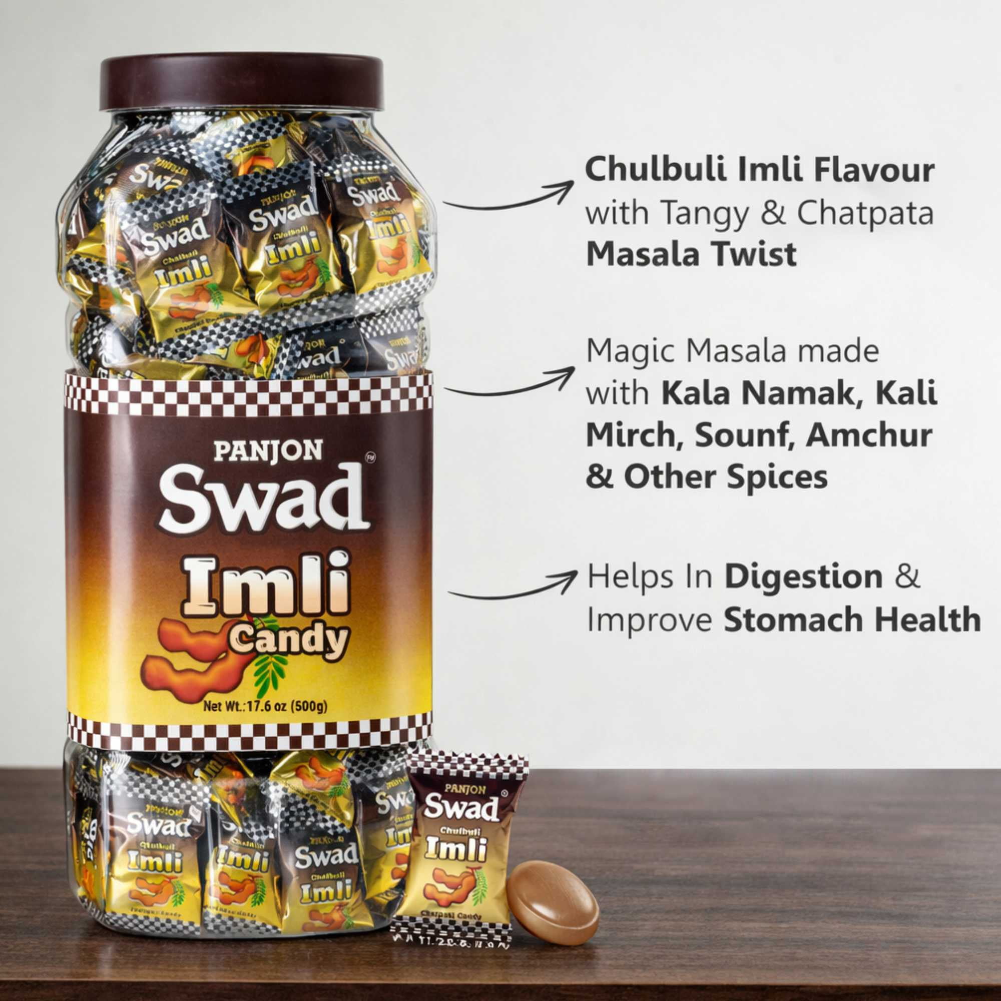Panjon Swad Imli Candy 500g Jar – Tamarind Flavor Hard Candy | Sweet & Tangy Treat