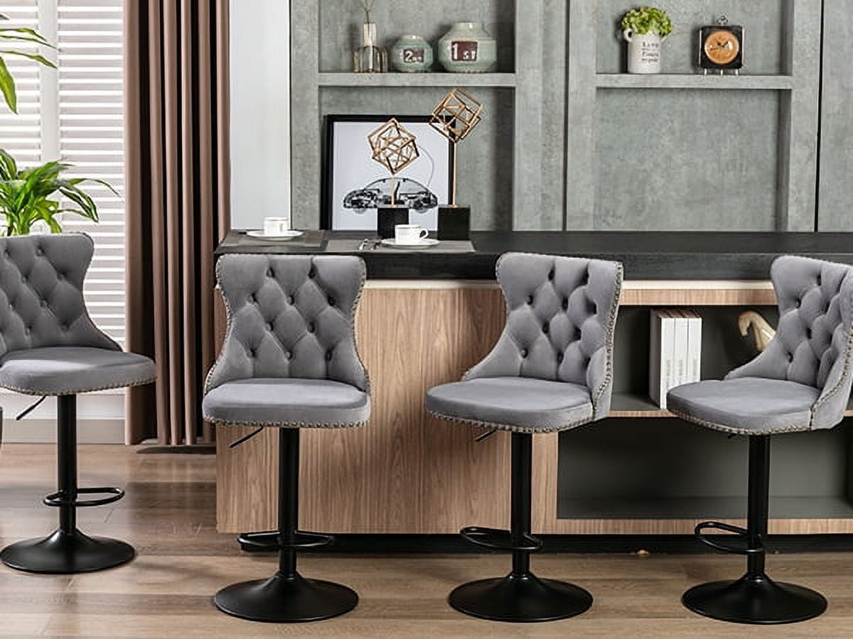 ODUSE-DAILY Gray Velvet Bar Stools Set of 2 - Adjustable Swivel Counter Height Chairs with Tufted Back and Nailhead Trim for Kitchen Island Pub Restaurant (2Pcs, Black Metal, Grey)