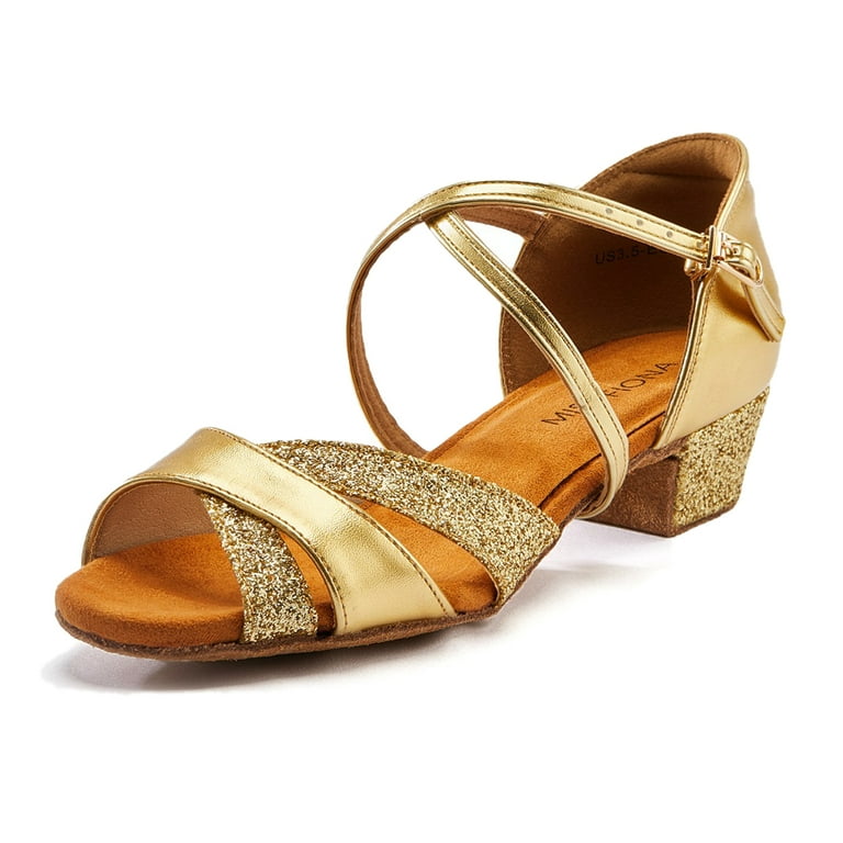 Missfiona Girls Ballroom Dance Shoes Glitter Latin Salsa Shoes for Kids 3.5cm Low Heels 11 Gold Walmart