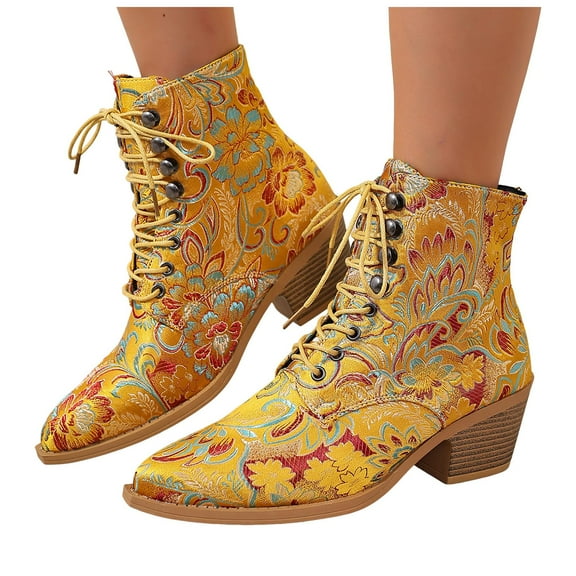 Womens Vintage Floral Embroidered Ankle Boots Lace Up Block Mid Heel Heighten Mid Calf Dress Booties