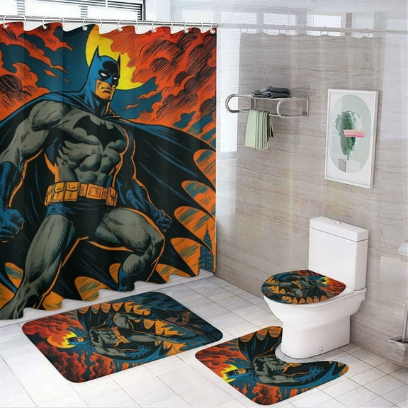 4 Piece Shower Curtain Set with Rugs Batman Shower Curtain Bathroom Sets Decor Waterproof