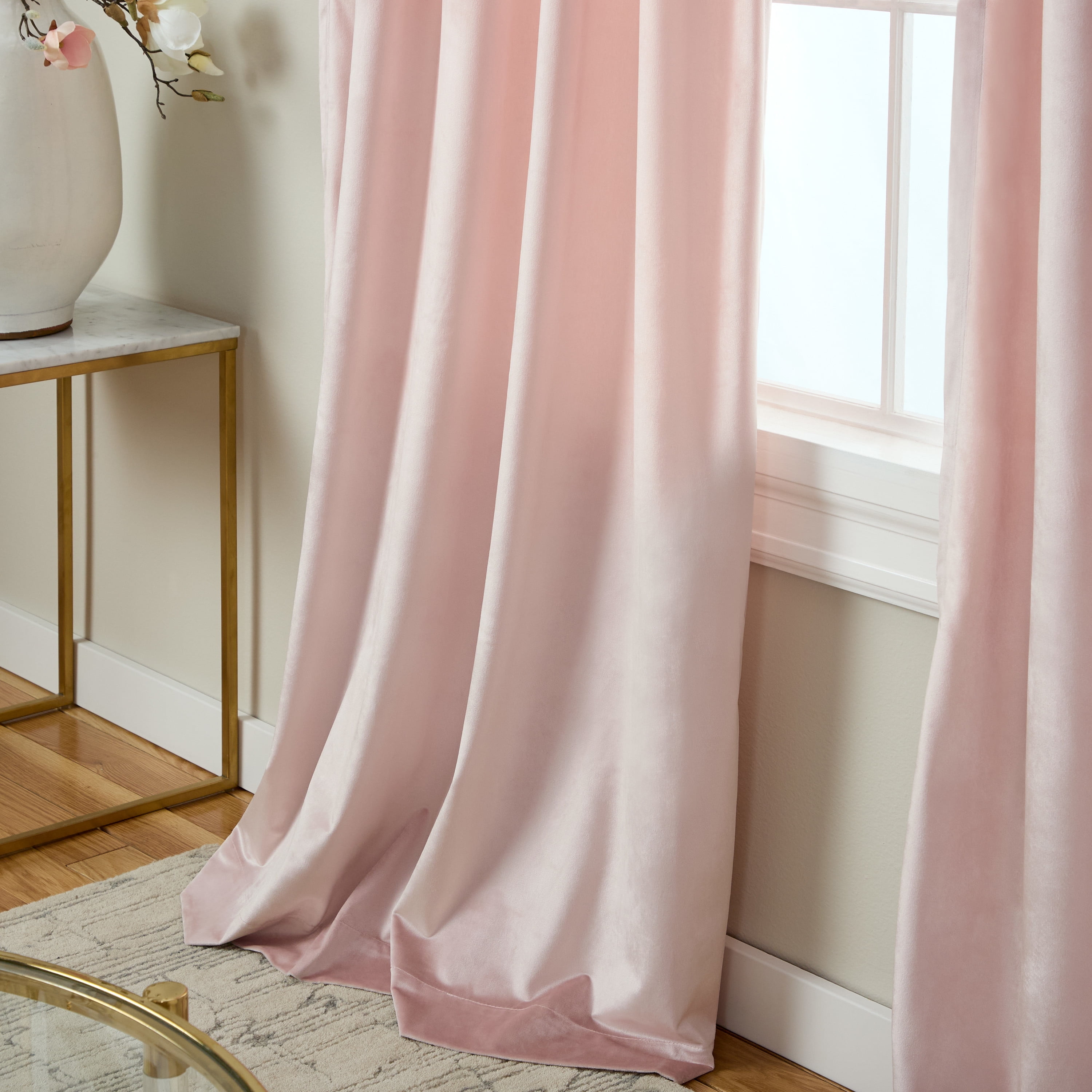 TOWN & COUNTRY LUXE Velour Solid Heavyweight Indoor Curtains, Light Filtering Opacity, Triple Pinch Pleat Top, Plush Velvet, 2-Pack Set, 27"x96", Blush