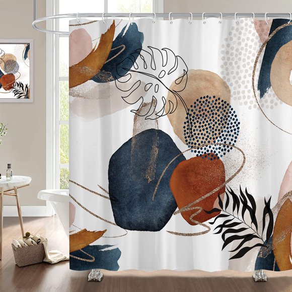 JOOCAR Abstract Shower Curtain Boho Mid Century Brown Colorful Modern Geometric Leaves Plant Minimalist Bathroom Shower Curtains Fabric Waterproof with Hooks, 72" x 72"