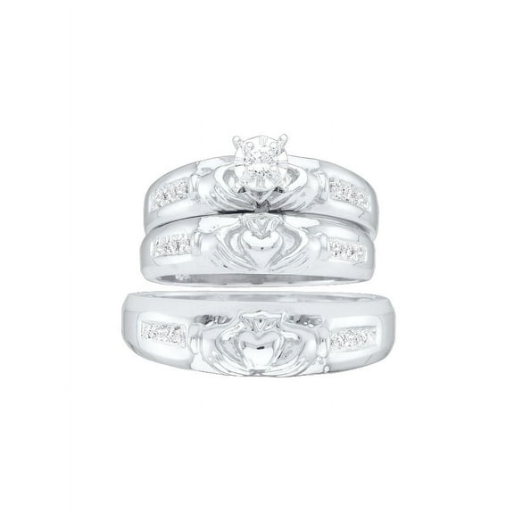 10kt White Gold His & Hers Round Diamond Claddagh Matching Bridal Wedding Ring Band Set 1/8 Cttw