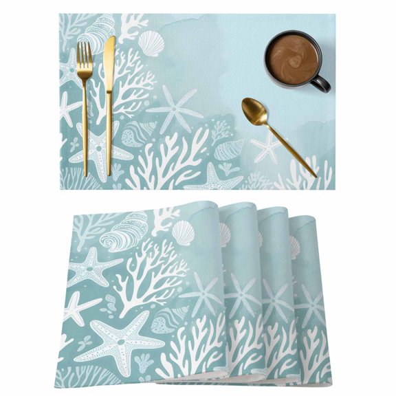 Ocean Coral Placemats Set of 12, Summer Sea Star Coral Shell Teal Non-Slip Place Mats Washable Table Mats for Kitchen Dining Table Decorations Indoor/Outdoor