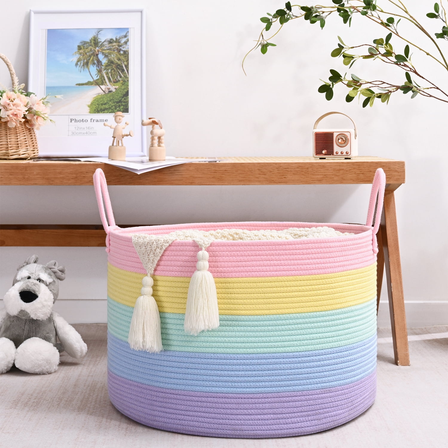 Natubeau 65L Large Cotton Rope Storage Basket, Soft Rainbow Decorative Basket for Living Room & Nursery, Foldable Laundry & Toy Organizer, 20"x20"x13"