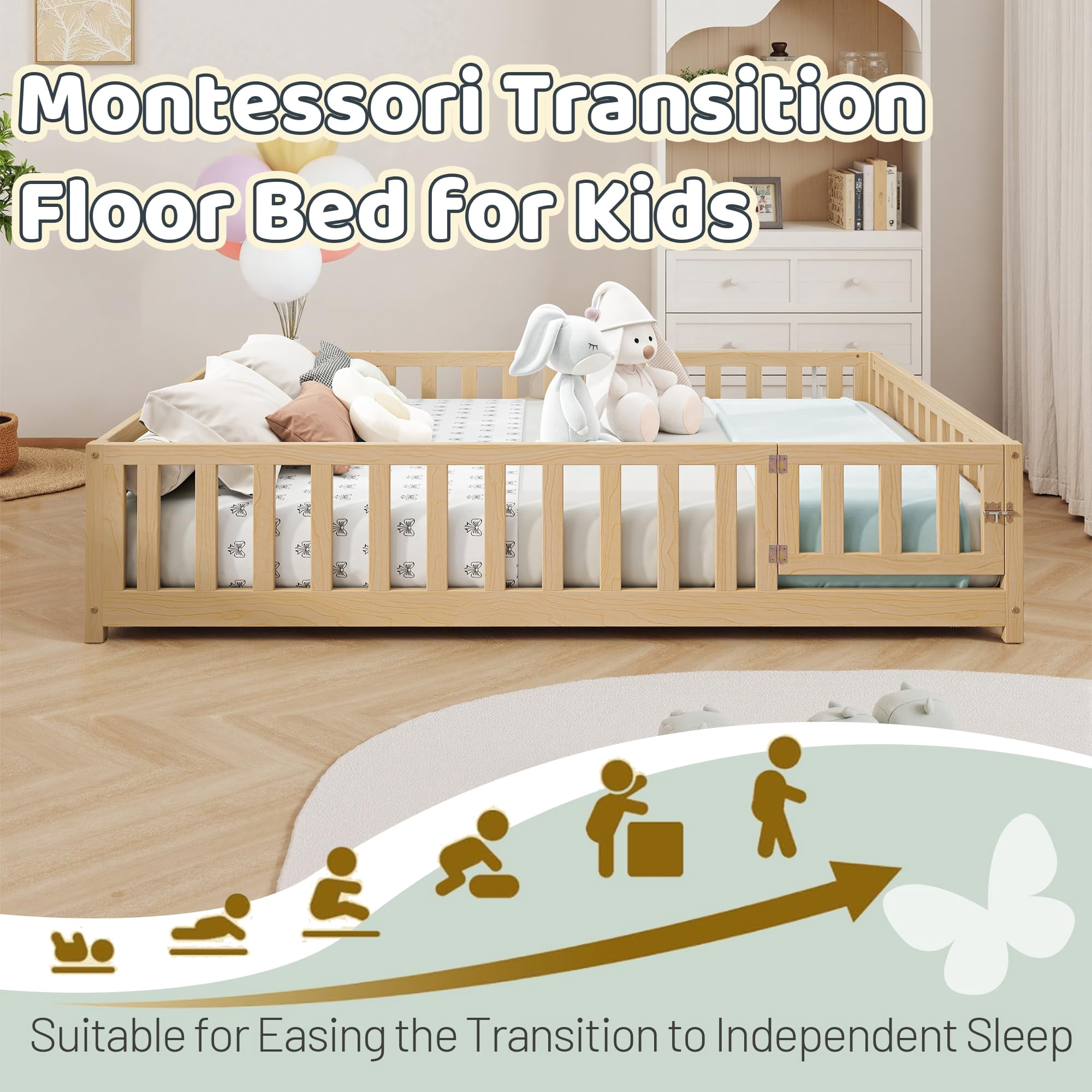 Mirightone Full Floor Bed with Rails and Door, Montessori Floor Bed with Support Slats,No Box Spring Needed, Natural