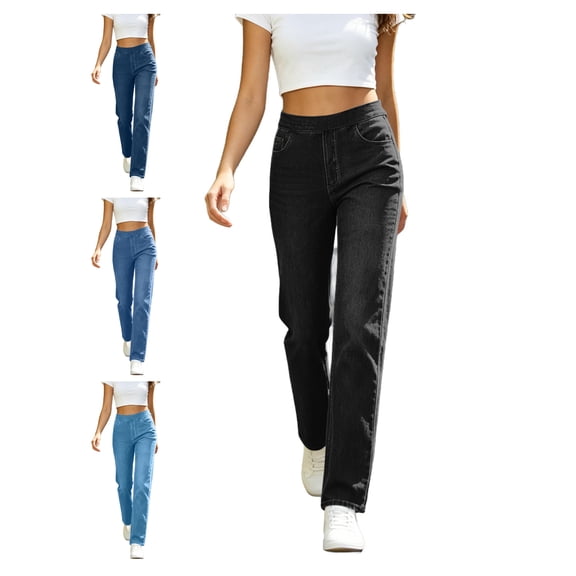 Atkumj Jeans for Women Trendy Solid Color Elastic High Waisted Jeans Casual Long Length Slim Straight Jeans for Women with Pockets S