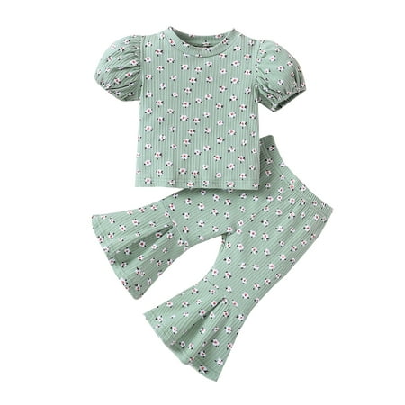 

IZhansean Toddler Baby Girls 2Pcs Clothes Floral Print Puff Short Sleeve Round Neck Tops + Flared Pants Outfits Green 6-12 Months
