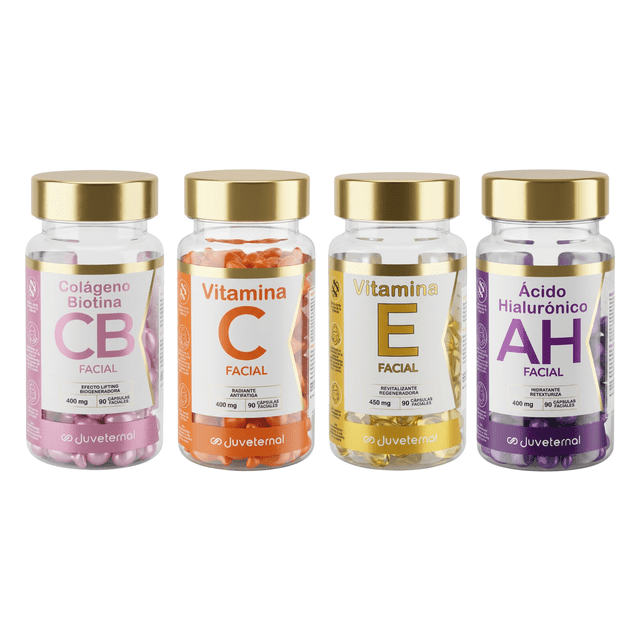 JUVETERNAL KIT 4 Cápsulas Faciales Colágeno Biotina + Cápsulas Faciales Ácido Hialurónico + Cápsulas Faciales Vitamina E + Cápsulas Faciales Vitamina C