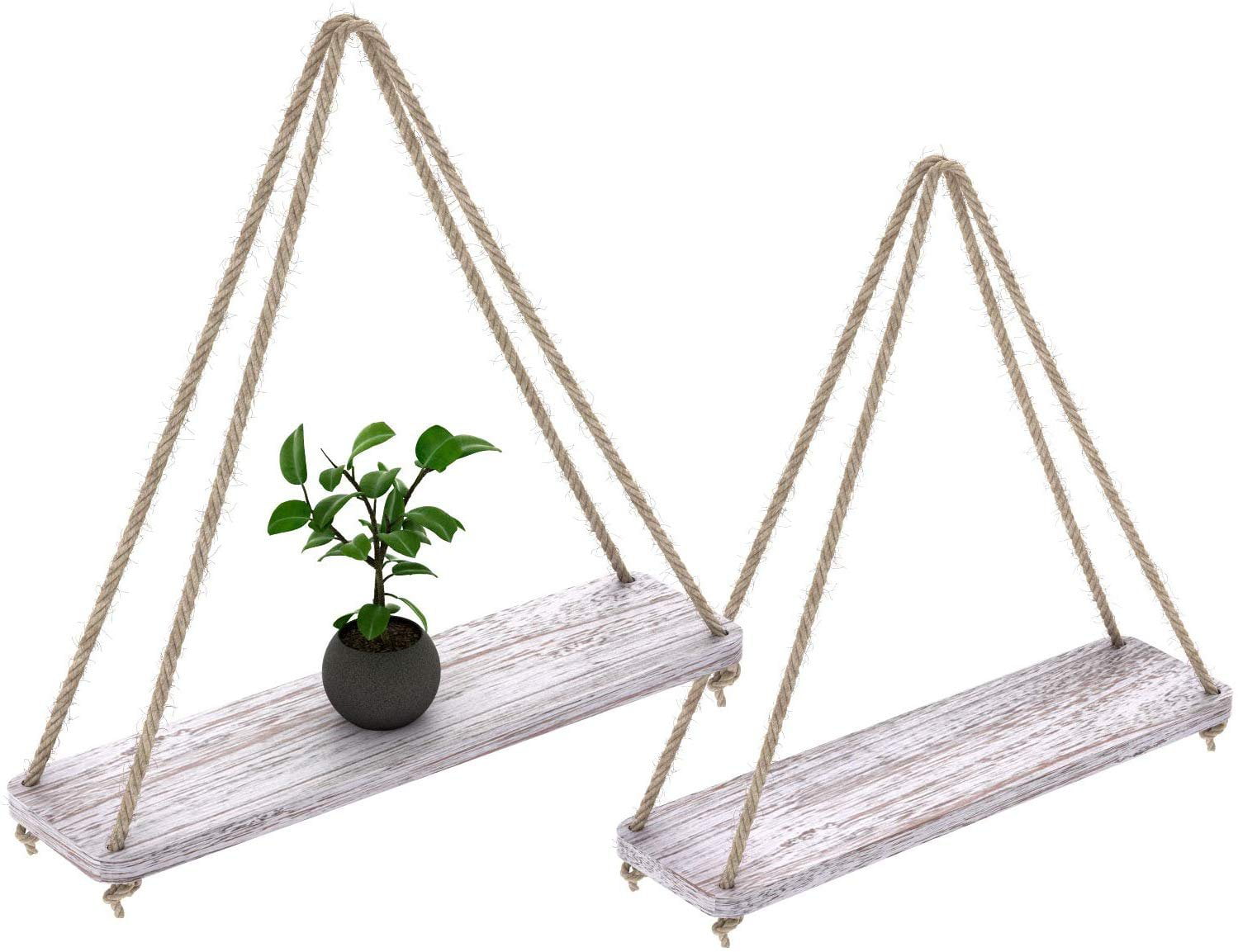 MyGift 17-inch Whitewashed Wood Hanging Rope Swing Shelves Set of 2 