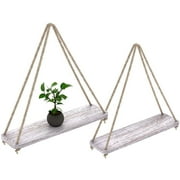 Rustic Set of 2 Wooden Floating Shelves with String â€“ Farmhouse Hanging Shelves for Living Room Wall â€“ Small Kitchen Shelves with Rope â€“ 17â€x5.2â€ â€“ Distressed, Rustic White Color