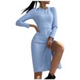 thumbnail image 2 of ZHOGXU Women's Dress Long Sleeve Round Neck Solid Color Side Split Fashion Comfortable Elegant Dresses For Casual Daily Wear,Blue,Xxl, 2 of 9