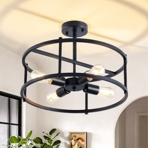 Industrial Semi Flush Mount Ceiling Light,4 Light Rustic Metal Ceiling Light Fixture,Black Farmhouse Chandelier for Kitchen Island Dining Room Hallway Entryway Bedroom Living Room.
