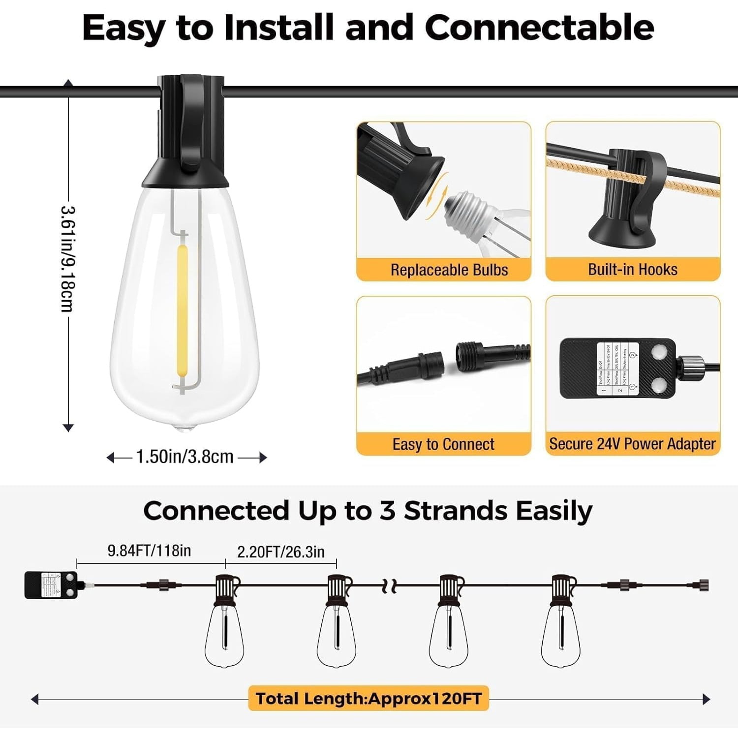1/2 Pack 120FT LED Outdoor String Lights with Dimmer, Waterproof Patio Lights with ST38 Vintage Edison Bulbs, Warm White Outside Hanging Light with Timer for Yard Gazebo Party