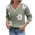 thumbnail image 2 of Wutalume Women's Casual Fashion Floral Jacquard V-Neck Knitted Sweater, Elegant Printed Top, Loose Fit Long Sleeve Pullover for Stylish Everyday Wear,Army Green L, 2 of 7