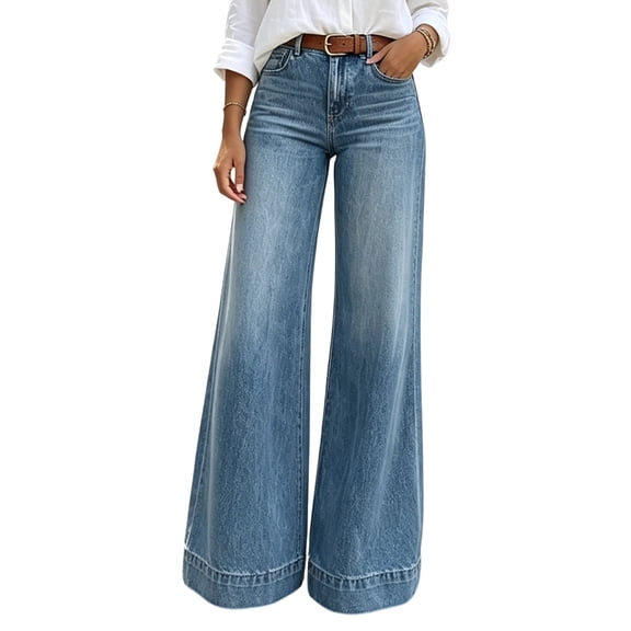 Washed Button Wide Leg Loose Pocket High Waist Long Jeans For Women