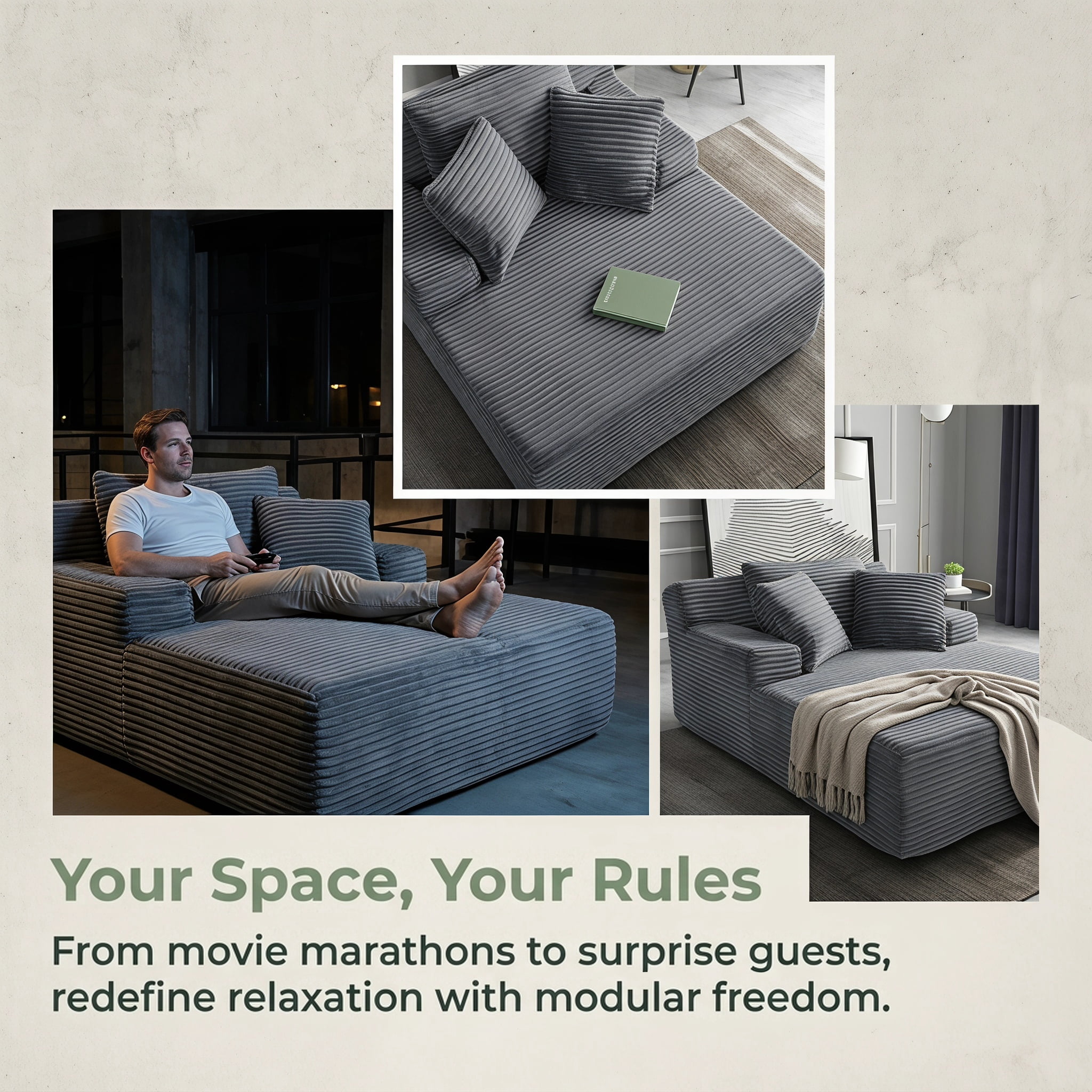 ShiKeyi 66'' Chaise Lounge Chair Indoor, No Assembly Required Cloud Floor Sofa Bed, Deep Seat Boneless Plush Corduroy Upholstered Couch with Pillows, Gray