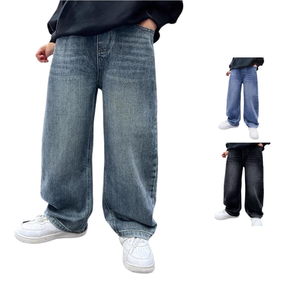 LIIPEE Baggy Jeans For Boys Wide Leg Casual Distressed Elastic Waist Denim Pants With Pockets Kids Fashion Versatile Comfortable Breathable Trousers,13-14 Years