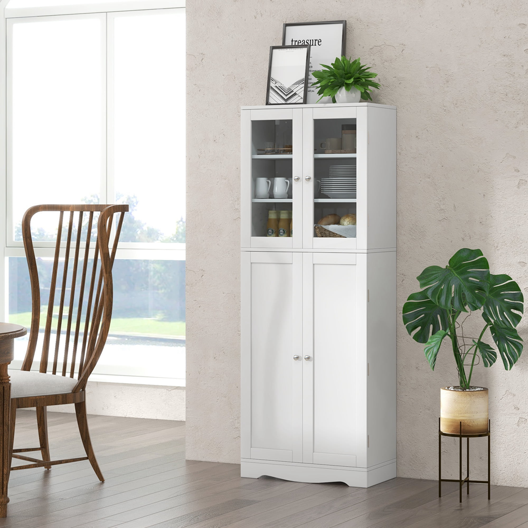 Costway Tall Storage Cabinet Kitchen Pantry Cupboard With Tempered Glass  Doors & Shelves White : Target