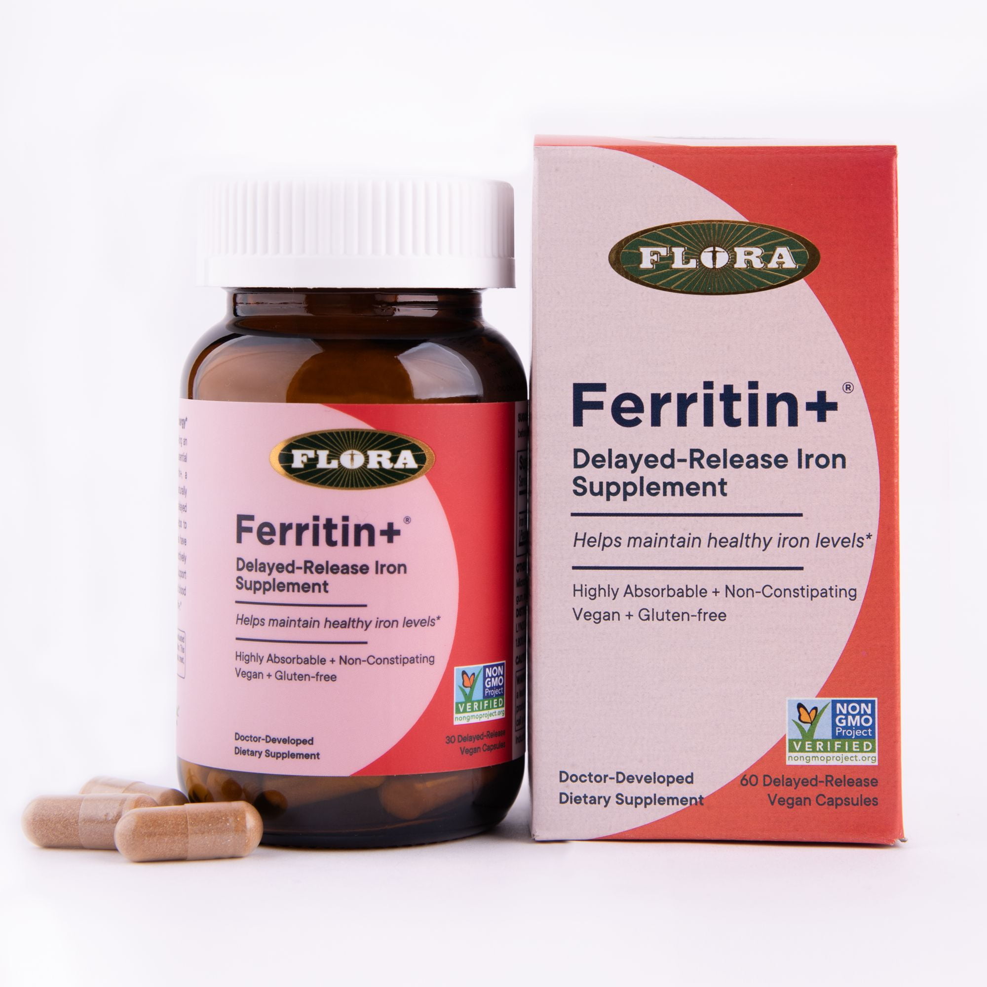 Flora - Iron Ferritin+ Plant-Based Supplement for Women - Non-Constipating, Highly Absorbable - Supports Vitality & Wellness - Vegan Iron Supplement from Flora Health - 30 Capsules - Delayed Release
