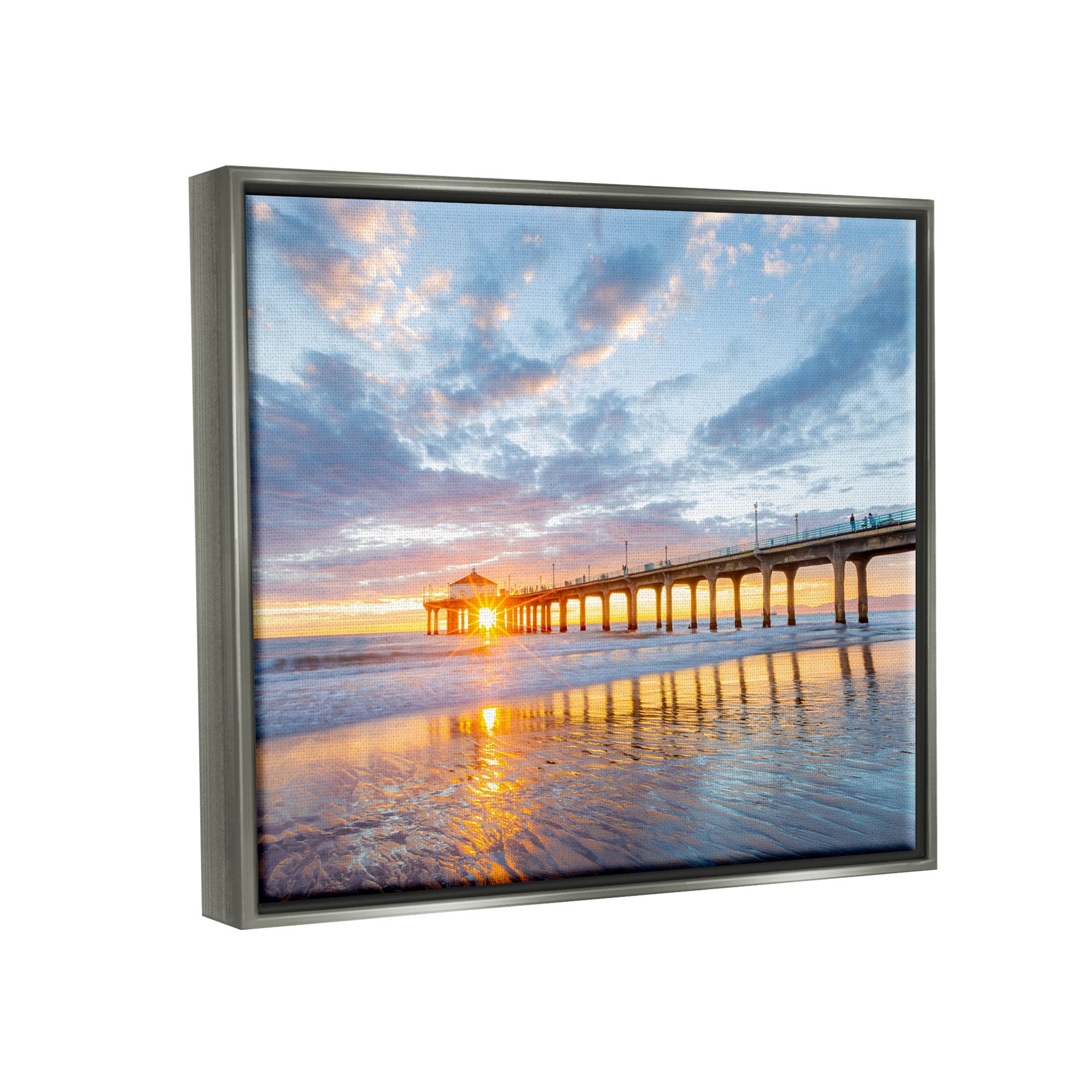 Ocean Pier Sunrise Reflection Coastal Photograph Luster Gray Framed Art Print Wall Art