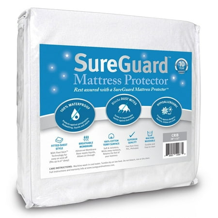 Crib Size SureGuard Mattress Protector - 100% Waterproof, Hypoallergenic - Premium Fitted Cotton Terry Cover - 10 Year Warranty