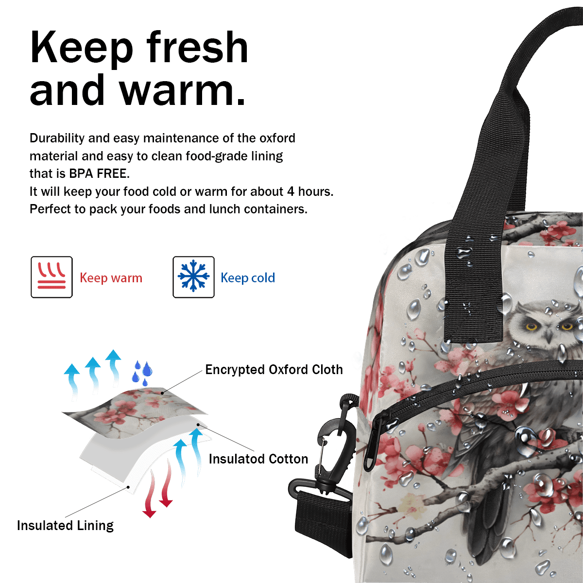 Herdesigns Vintage Birds Insulated Lunch Bag for Women Men Adults Large Reusable Lunch Box Owl Leakproof Cooler Tote Bags with Adjustable Shoulder Strap
