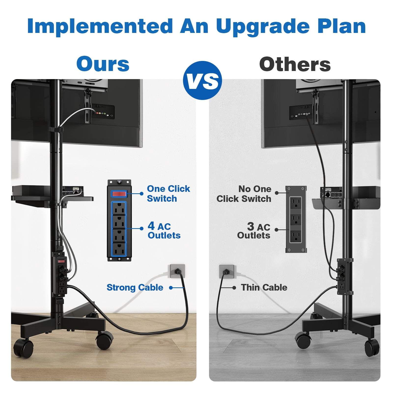 RTVR Rolling Mobile TV Stand Cart for 32 to 65 inch TVs with Power Outlet Adjustable Shelf, Outdoor Black