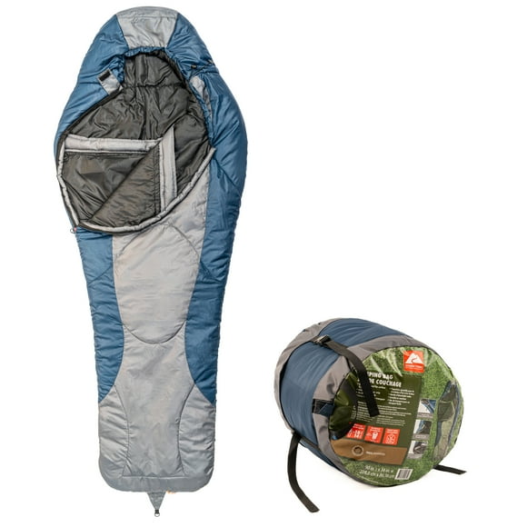 Ozark Trail - Sac de Couchage - Sarcophage -10℃, Polyester, Couleur Gris et Bleu, 86 x 229 cm, avec Sac de Transport par Compression