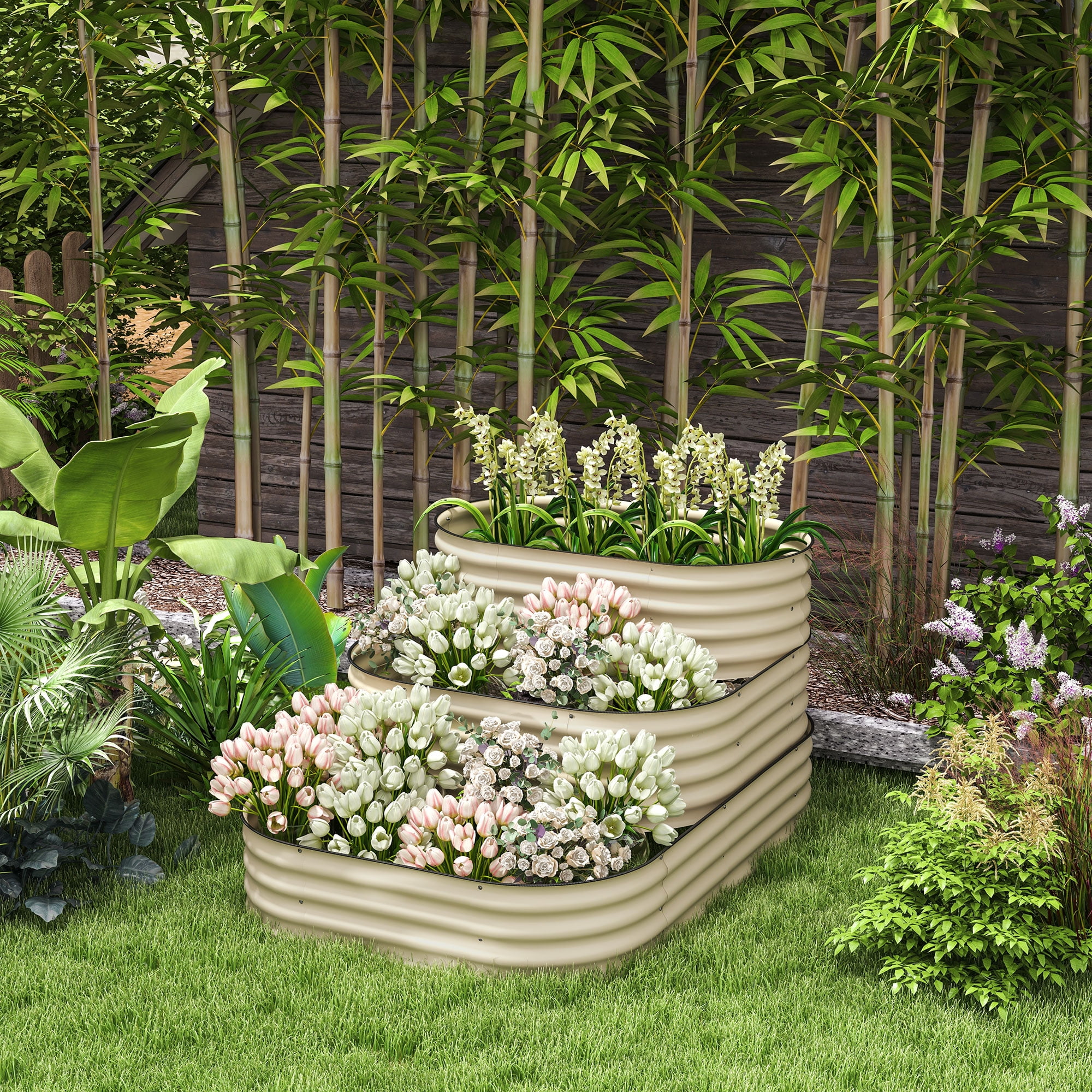 3-Tier Galvanized Steel Raised Garden Bed Kit, 3 Combining Planter Boxes with Rubber Strip Edging, Open Bottom for Backyard, Garden, Patio, Cream White