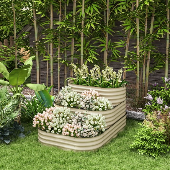 Outsunny 3-Tier Raised Garden Bed 62.25" x 43" x 32.25" Planter Set, Cream