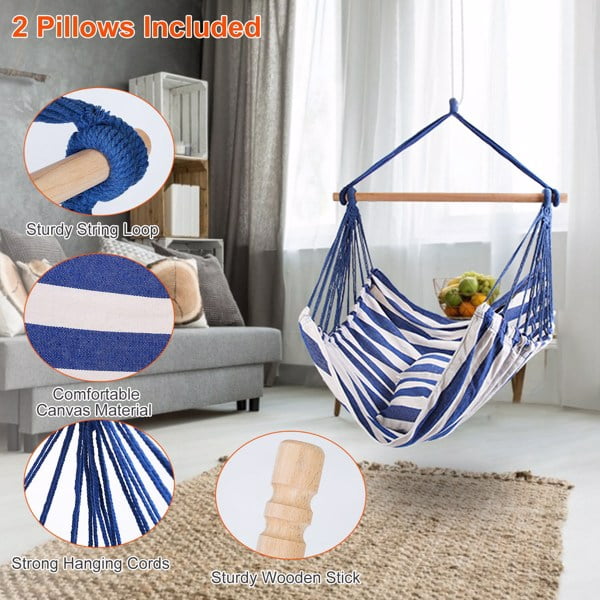Olurrisa 264LBS Capacity Canvas Hammock Chair with 2 Pillows - Portable Outdoor Hanging Seat for Patio/Camping/Beach, Includes Wooden Stick & Ropes (Blue)