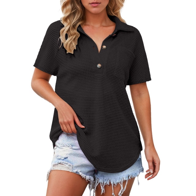 Hiiyo T-Shirt Gaufré Décontracté pour Femme, Uni, Manches Courtes, Polo à Poche, Tailles P