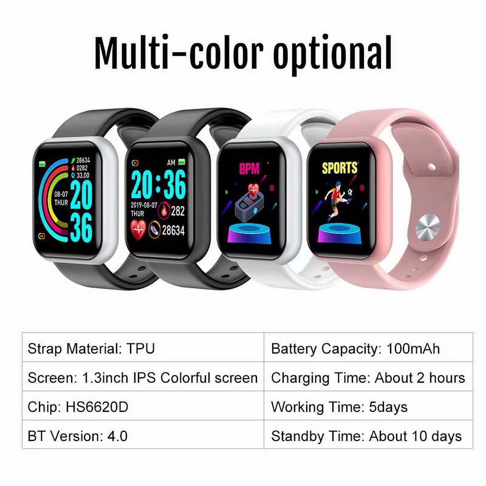 1.3" Smart Bluetooth Watch IP67 Waterproof Tracker Fitness Bracelet Colorful Screen Blood Pressure Monitor Wristband All Black - image 2 of 10