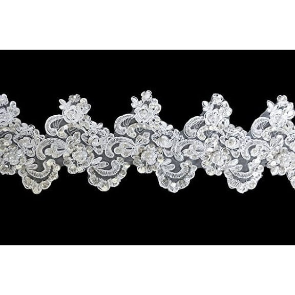 Altotux 5.25" White Corded Handsewn Beaded Sequins Embroidered Lace by Yard