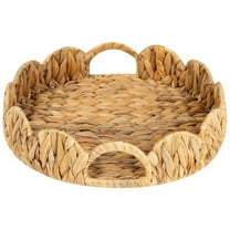 Scalloped Edge Round Tray, Serving Tray with Built-in Handles, Decoratve for Coffee Table, Rattan
