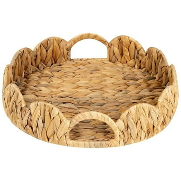 Scalloped Edge Round Tray, Serving Tray with Built-in Handles, Decoratve for Coffee Table, Rattan